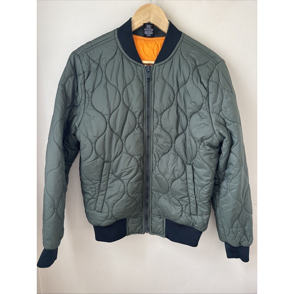 Express Mens Small Quilted Bomber Jacket Reversible Green Orange